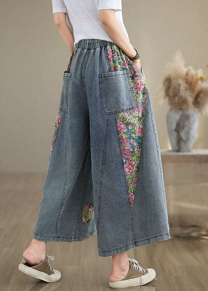 Casual Blue Pockets Print Elastic Waist Denim Crop Wide Leg Pants Summer