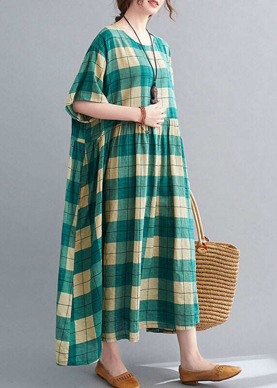 Loose Green Plaid Wrinkled Patchwork Long Dresses Summer