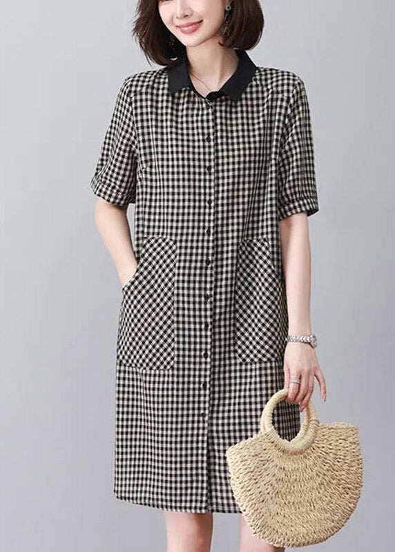 Black Plaid Side Open Mid Dresses Short Sleeve