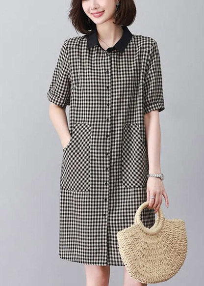 Black Plaid Side Open Mid Dresses Short Sleeve