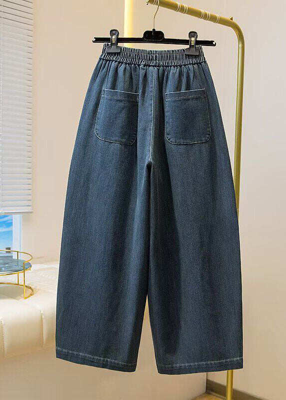 Simple Blue Pockets Elastic Waist Denim Crop Pants Spring