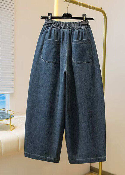 Simple Blue Pockets Elastic Waist Denim Crop Pants Spring