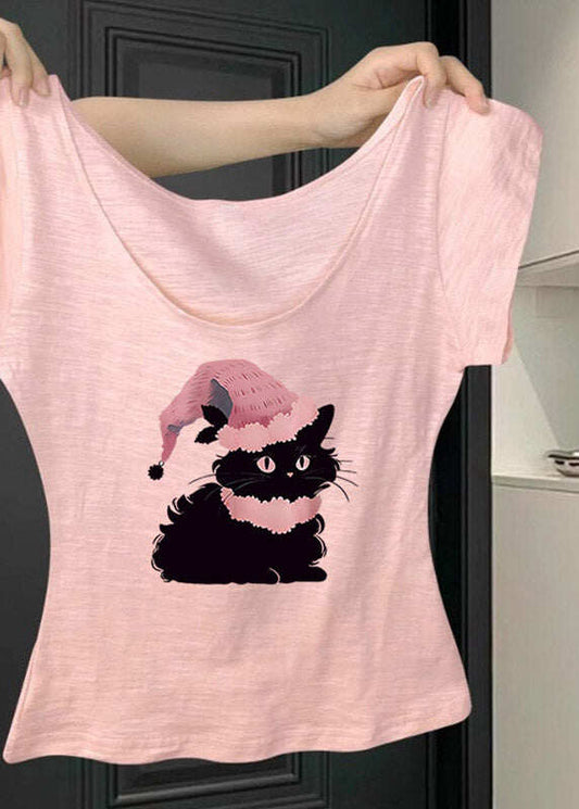 Chic Pink U Neck Animal Print T Shirt Short Sleeve