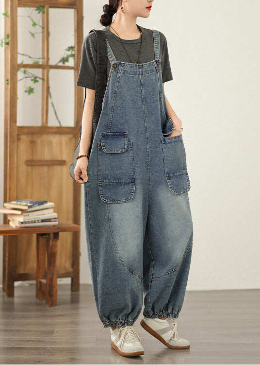 Blue Patchwork Casual Denim Jumpsuit Pockets Spring