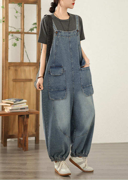 Blue Patchwork Casual Denim Jumpsuit Pockets Spring