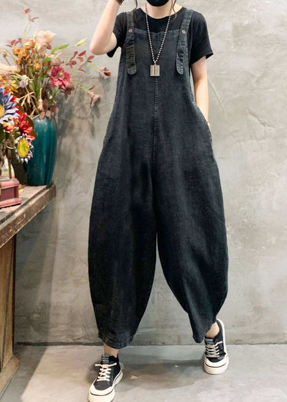 Women Black Pockets Plus Size Denim Jumpsuits Summer