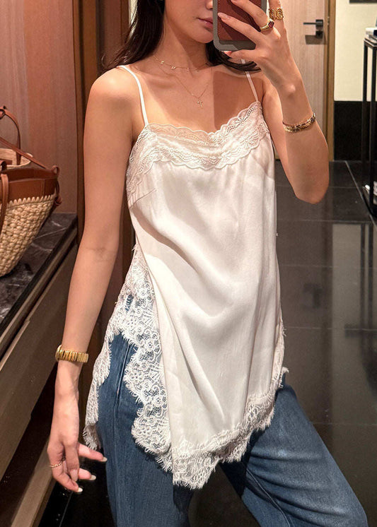 Unique White Lace Patchwork Cotton Spaghetti Strap Top Summer
