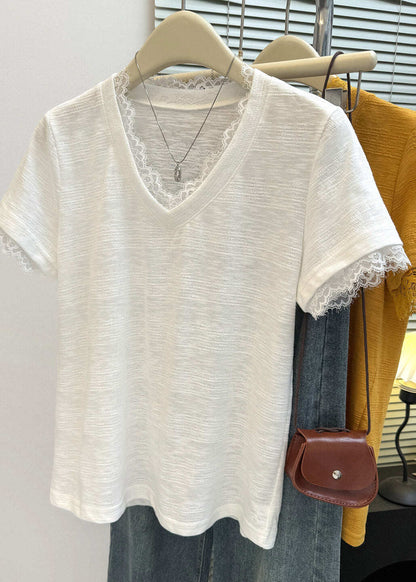 White V Neck Solid Top Short Sleeve