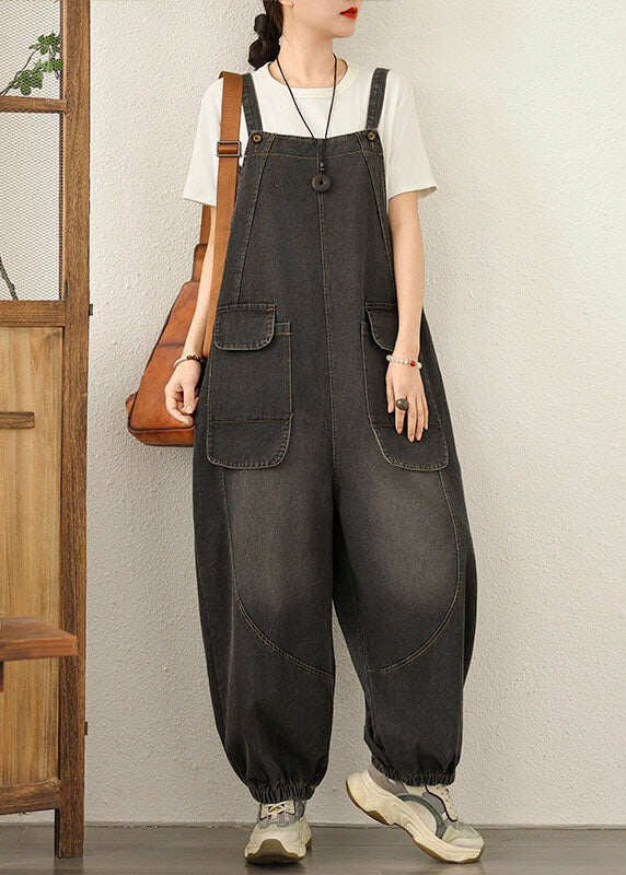 Unique Black Pockets Loose Denim Jumpsuit Spring