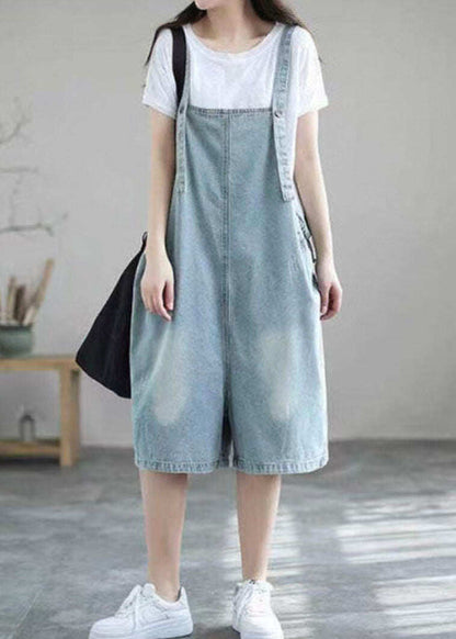 Boutique Light Blue Pockets Denim Half Jumpsuits Summer