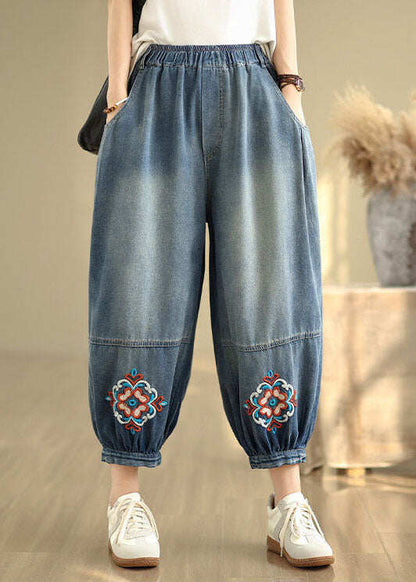 Loose Blue Embroidered Pockets Denim Crop Pants Summer