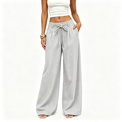 ⚡FINAL SALE⚡- Women's  Striped With Pockets Black Baggy Low Rise Wide Leg Pants
