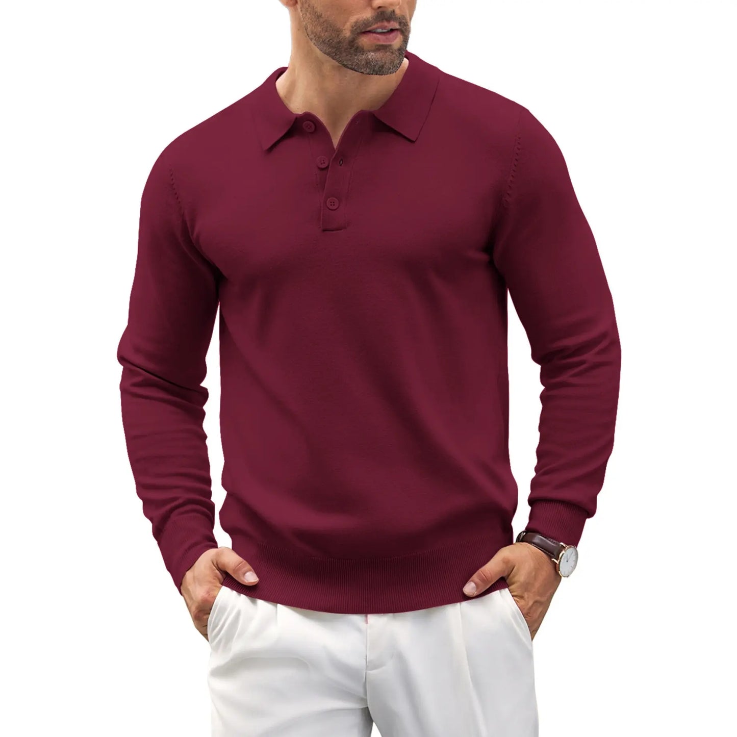 Men's Long Sleeve Knit Polo - Casual Button Down Golf Shirts for Men Formal Quarter