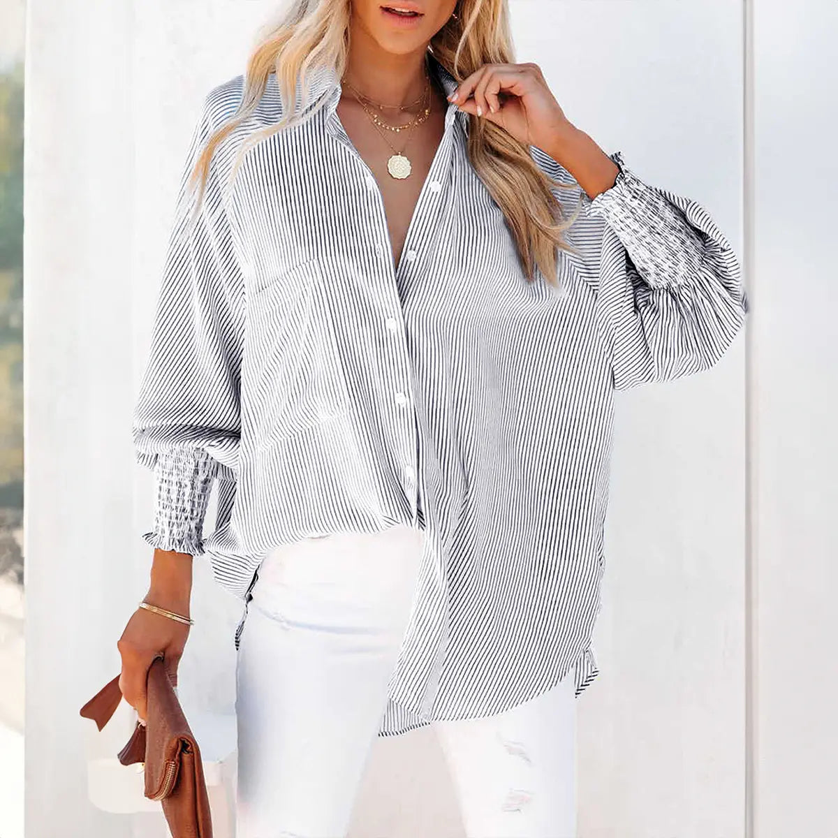 Women's Striped Print Button Front Frill Trim Raglan Sleeve Pocket Design Shirt Blouse