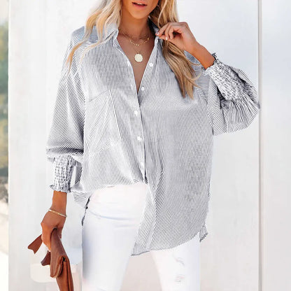 Women's Striped Print Button Front Frill Trim Raglan Sleeve Pocket Design Shirt Blouse