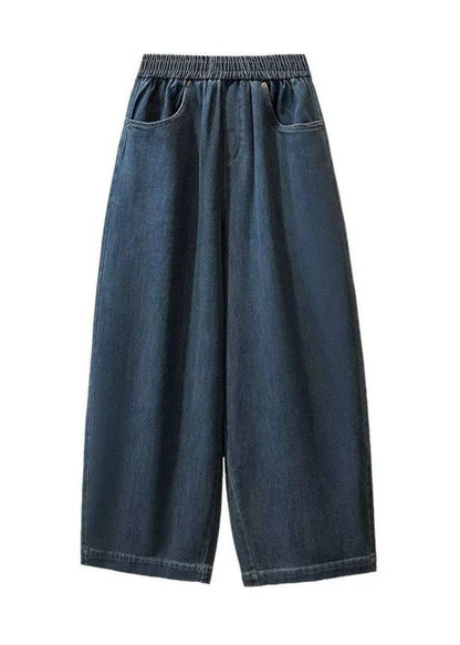 Simple Blue Pockets Elastic Waist Denim Crop Pants Spring