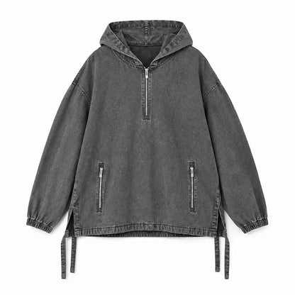 Unisex Cotton Washed Denim Oversized Half Zip Hoodie with Zip Pockets
