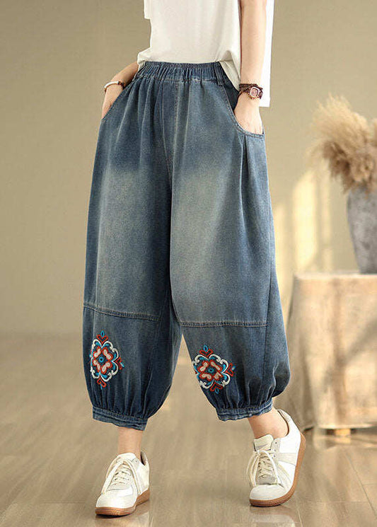 Loose Blue Embroidered Pockets Denim Crop Pants Summer