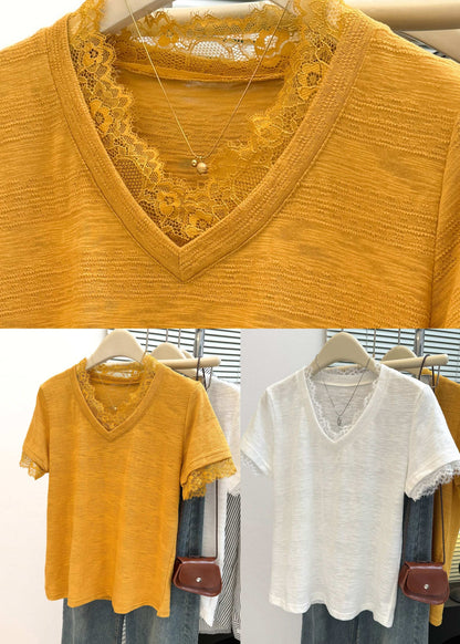 White V Neck Solid Top Short Sleeve
