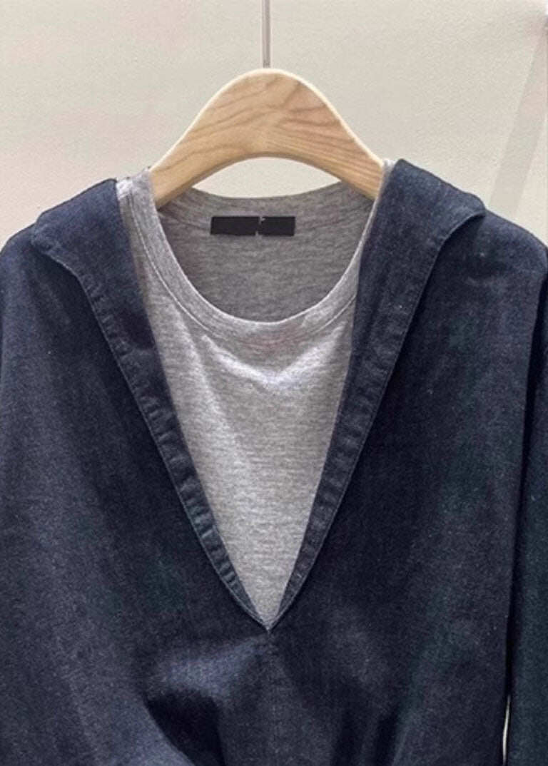 Chic Navy O Neck Patchwork False Two Pieces Cotton Top Spring