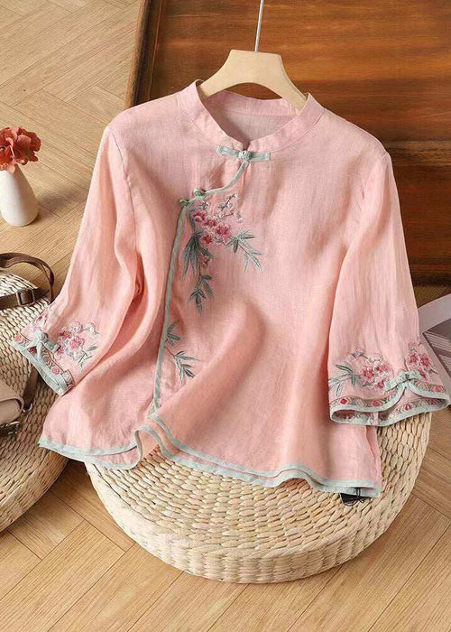 Cute Pink Stand Collar Embroidered Patchwork Shirt Three Quarter Sleeve