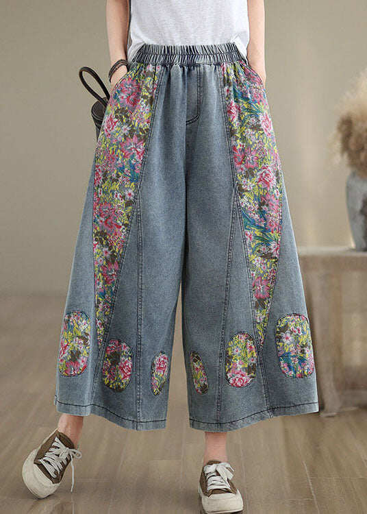 Casual Blue Pockets Print Elastic Waist Denim Crop Wide Leg Pants Summer