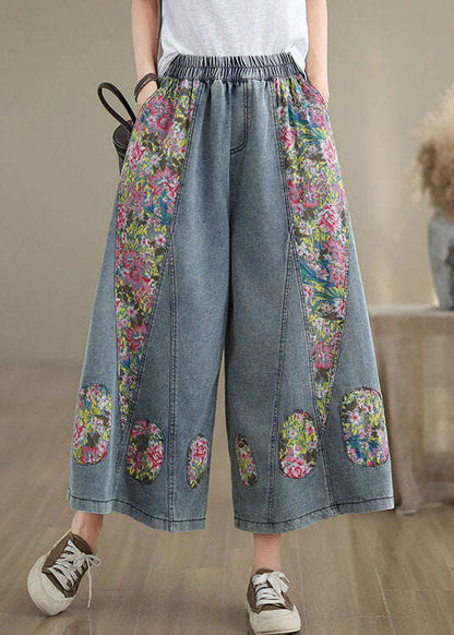 Casual Blue Pockets Print Elastic Waist Denim Crop Wide Leg Pants Summer