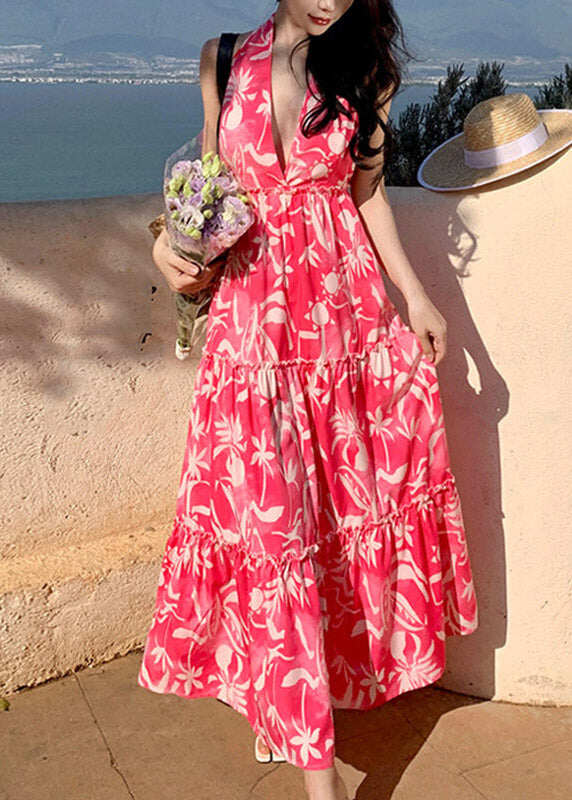 Fashion Red Patchwork Halter Wrinkled Maxi Beach Dress Sleeveless