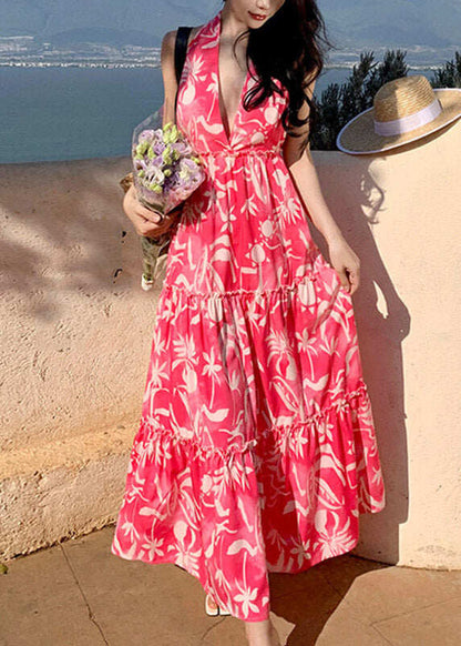 Fashion Red Patchwork Halter Wrinkled Maxi Beach Dress Sleeveless