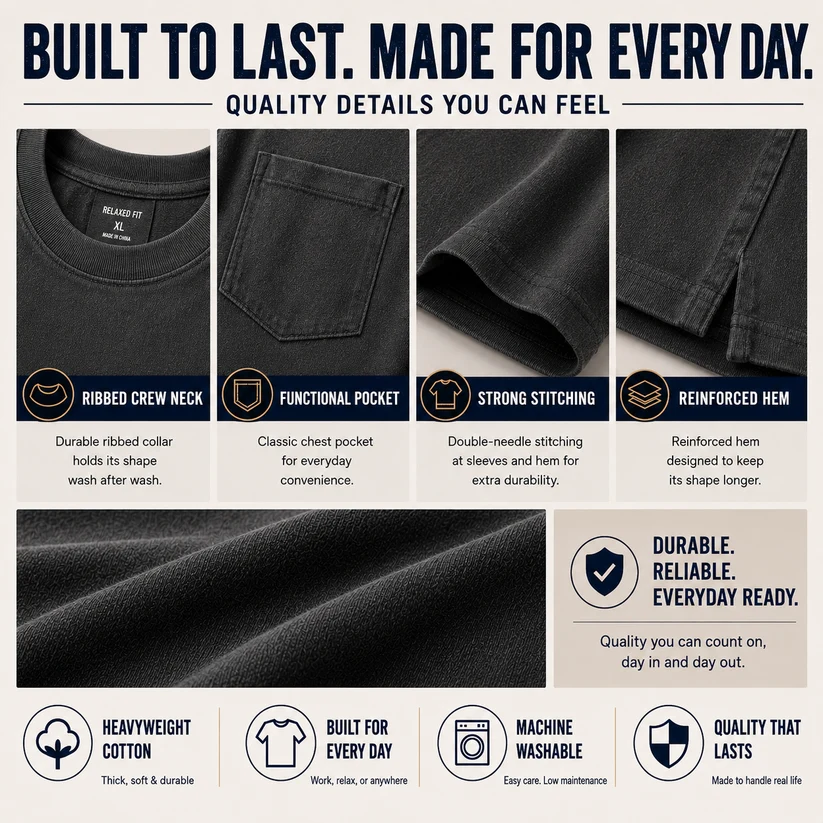 Men's Heavyweight Cotton Pocket T-Shirt – Relaxed Fit Everyday Casual Tee