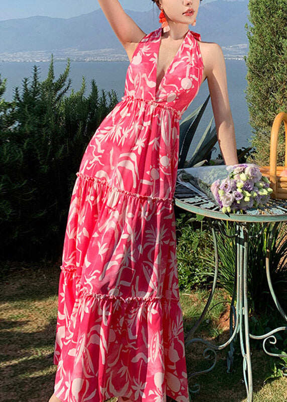 Fashion Red Patchwork Halter Wrinkled Maxi Beach Dress Sleeveless