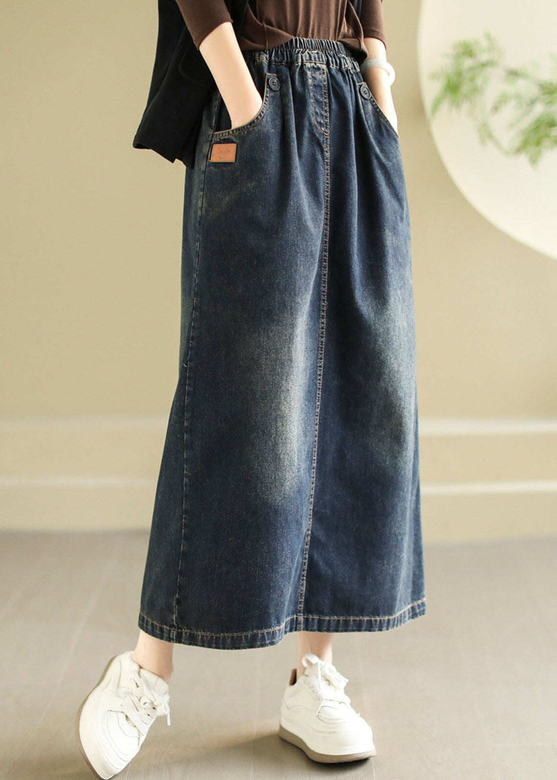 Modern Black Pockets Patchwork Elastic Waist Denim Skirt Spring