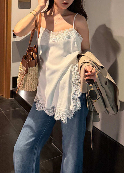 Unique White Lace Patchwork Cotton Spaghetti Strap Top Summer
