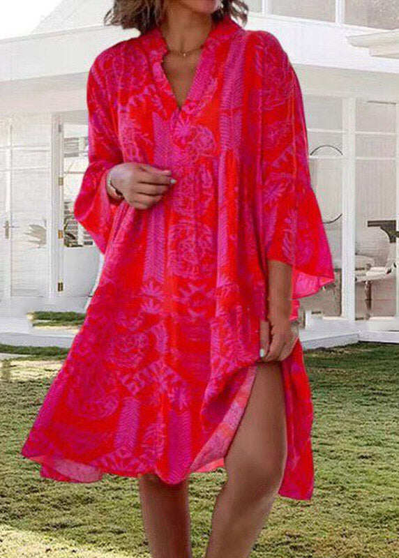 Bohemian Red V Neck Print Maxi Dress Spring