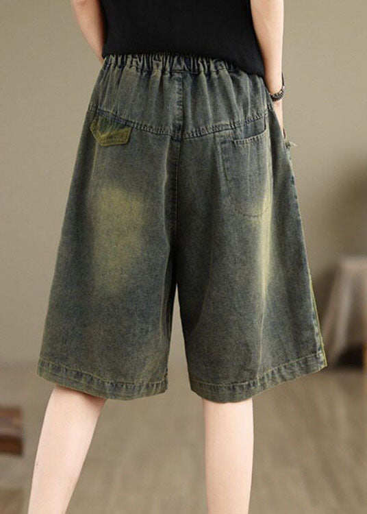 Summer Loose Casual Embroidered Elastic Waist Denim Shorts