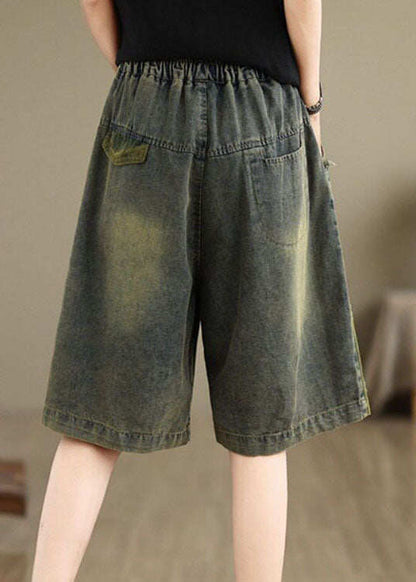 Summer Loose Casual Embroidered Elastic Waist Denim Shorts