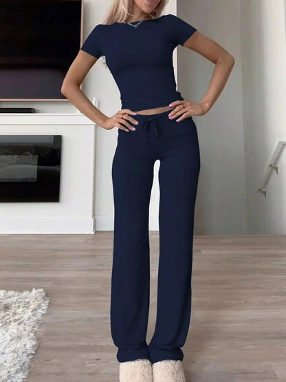 Women's Solid Modal Loungewear Two-Piece Pajama Set, Casual Comfy Soft Round Neck Short Sleeve Tee & Drawstring Pants Set, Ladies Sleepwear for Spring & Fall
