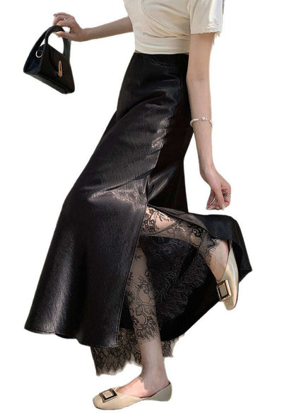French Champagne Lace Patchwork Silk Skirt Summer