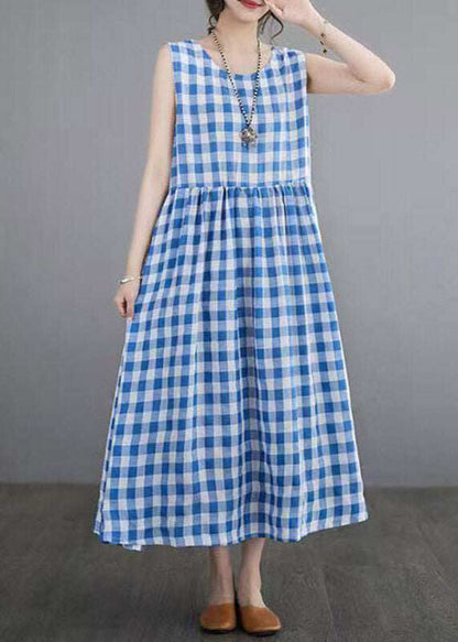 Women Blue Plaid Patchwork Maxi Dresses Sleeveless
