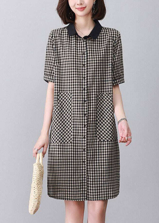 Black Plaid Side Open Mid Dresses Short Sleeve