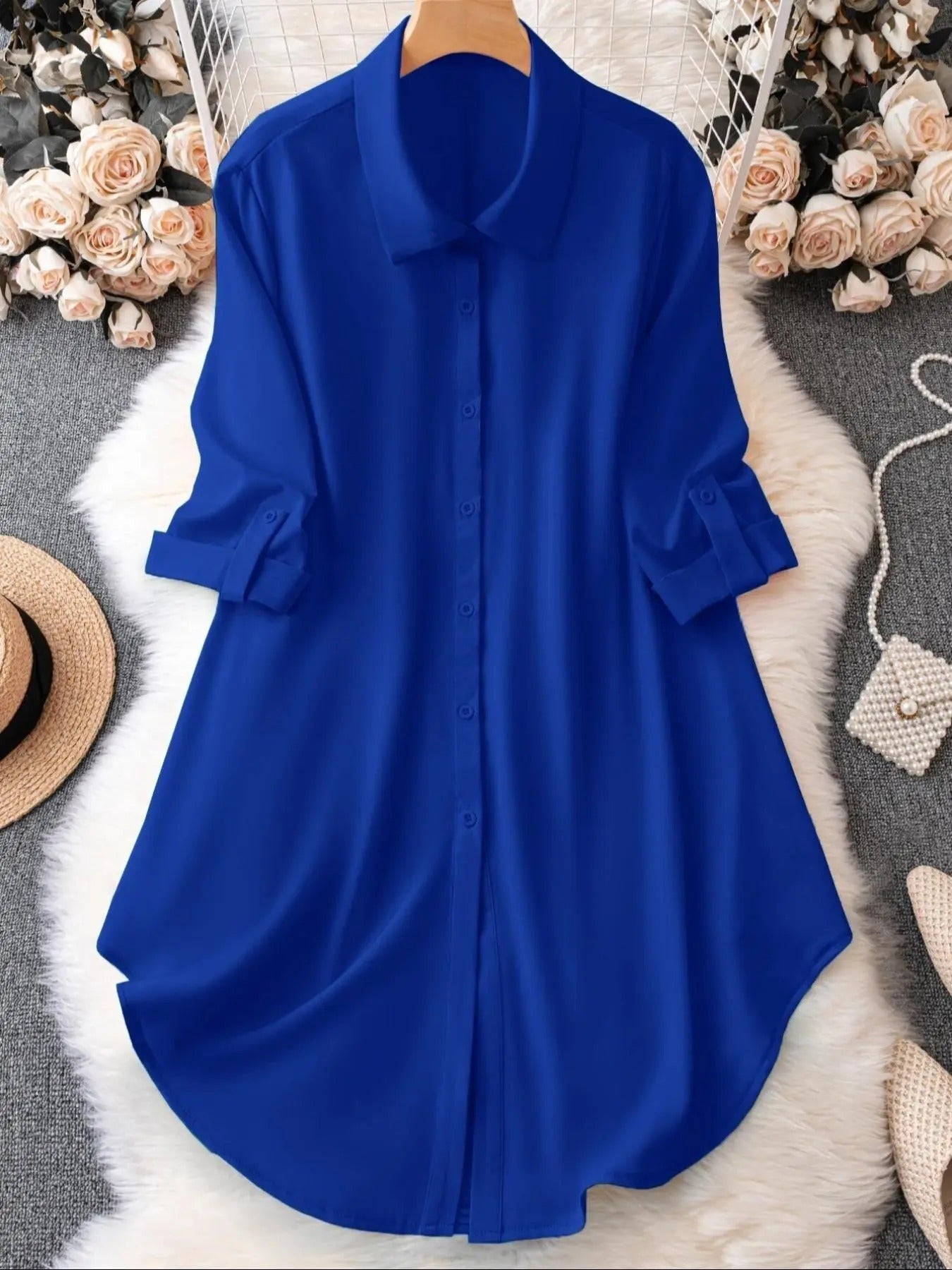 Plus-Size Solid Long Sleeve Button Up Blouse for Spring & Fall