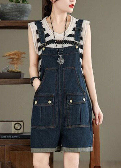 Women Navy Pockets Denim Overalls Jumpsuit Summer