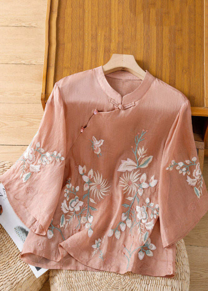 Chinese Style Apricot Embroidered Floral Button Shirt Spring