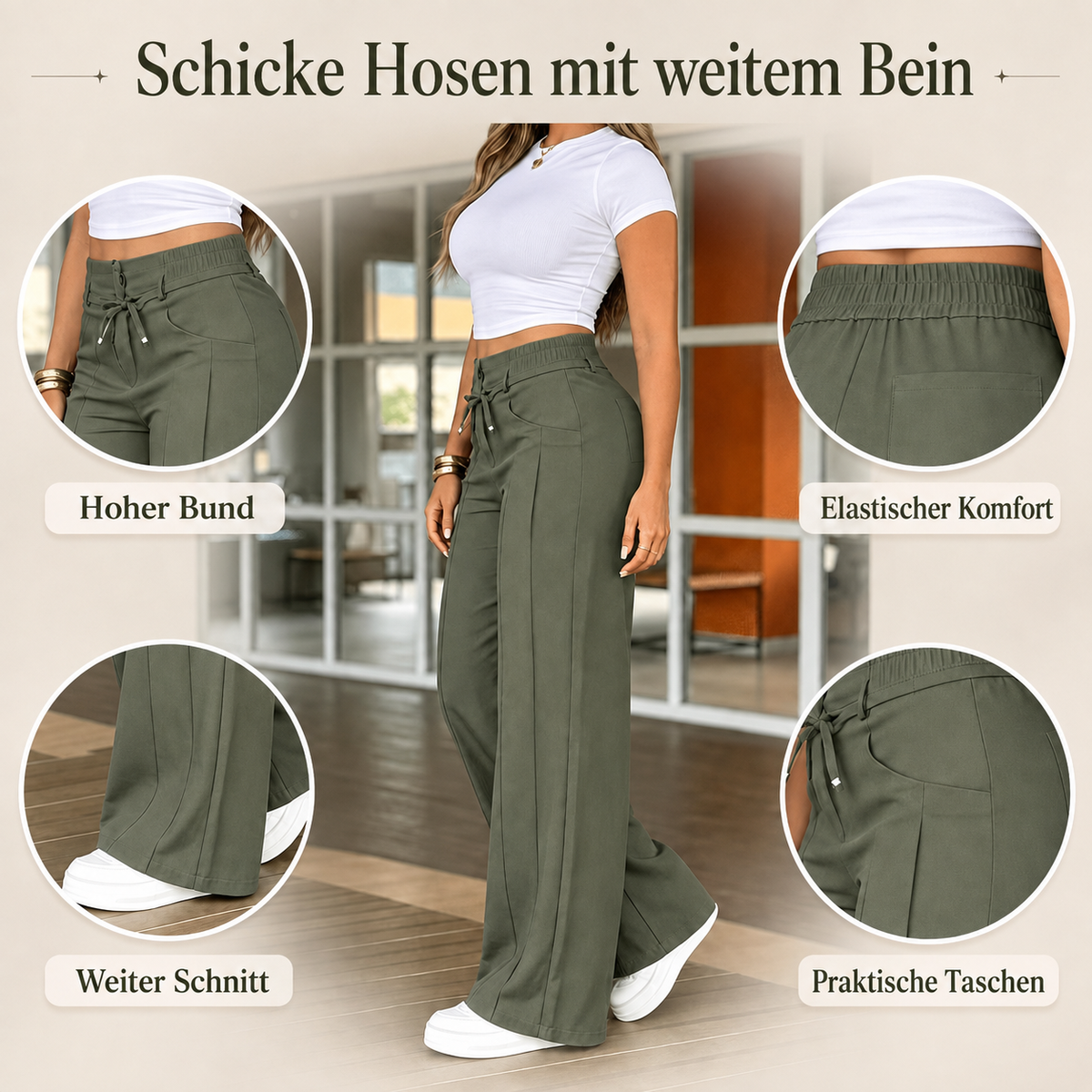 Hoch taillierte Damenhose mit geradem Bein, Straight Fit Stoffhose für Büro & Freizeit