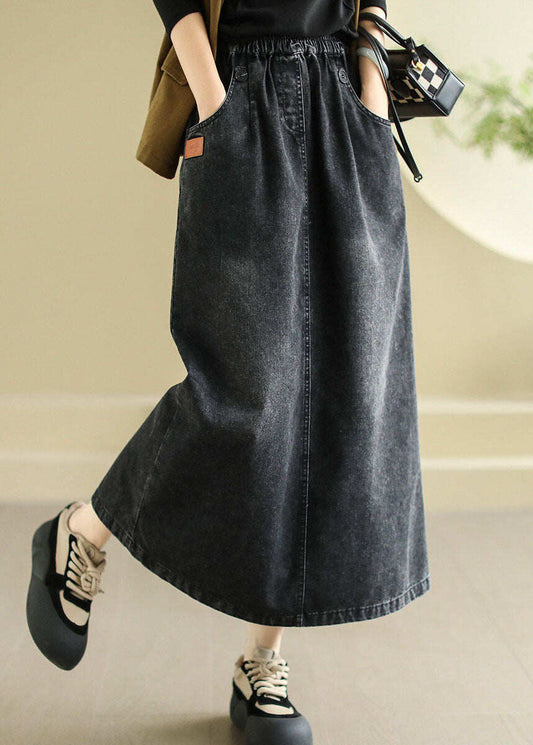 Modern Black Pockets Patchwork Elastic Waist Denim Skirt Spring