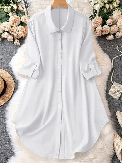 Plus-Size Solid Long Sleeve Button Up Blouse for Spring & Fall