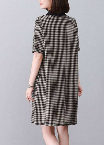 Black Plaid Side Open Mid Dresses Short Sleeve