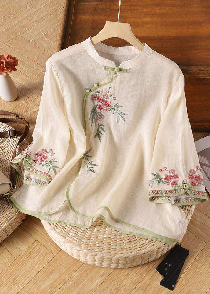 Chinese Style Apricot Stand Collar Embroidered Tops Spring