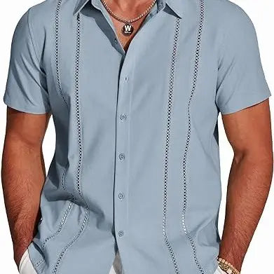 Men's Cuban Guayabera Shirt, Short Sleeve Linen Blend Button Down Summer Shirt, Lightweight Breathable Casual Beach & Vacation Wear