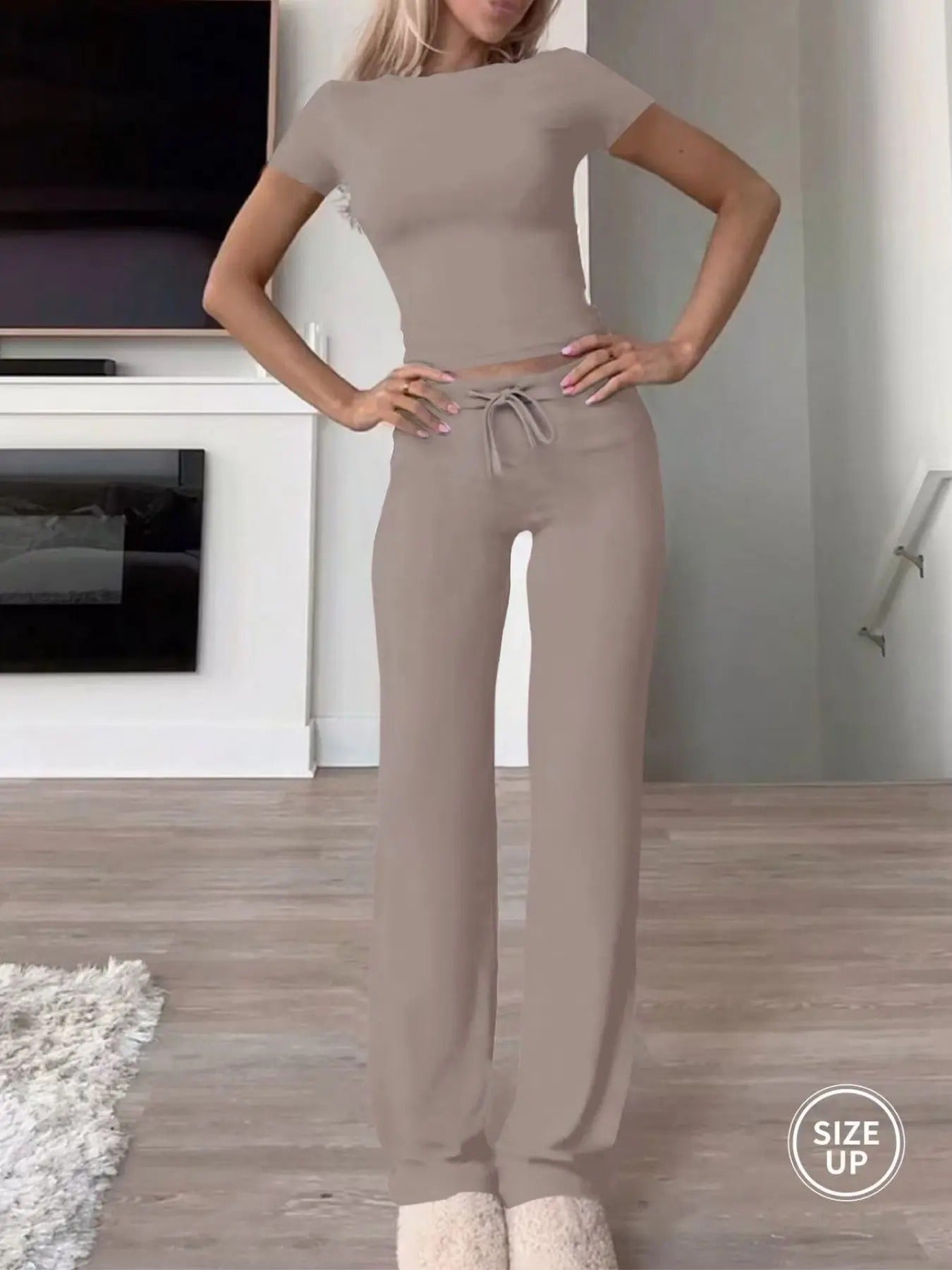 Women's Solid Modal Loungewear Two-Piece Pajama Set, Casual Comfy Soft Round Neck Short Sleeve Tee & Drawstring Pants Set, Ladies Sleepwear for Spring & Fall